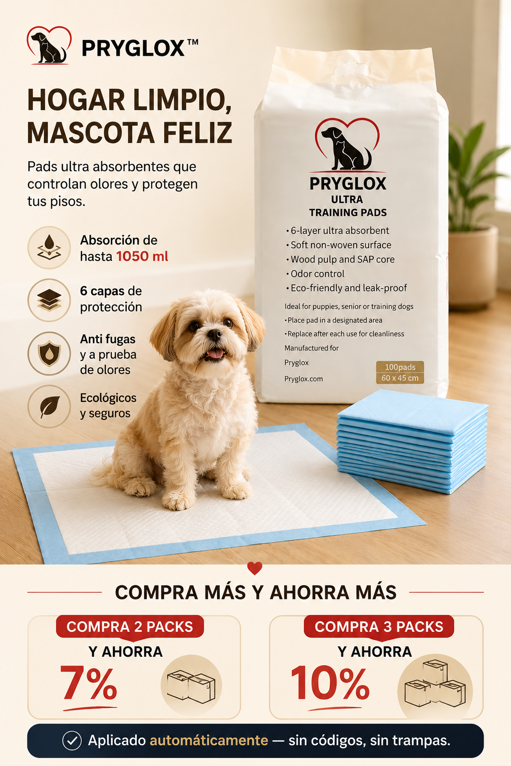 Pryglox pad absorbente para perros detalle de capas proteccion contra fugas