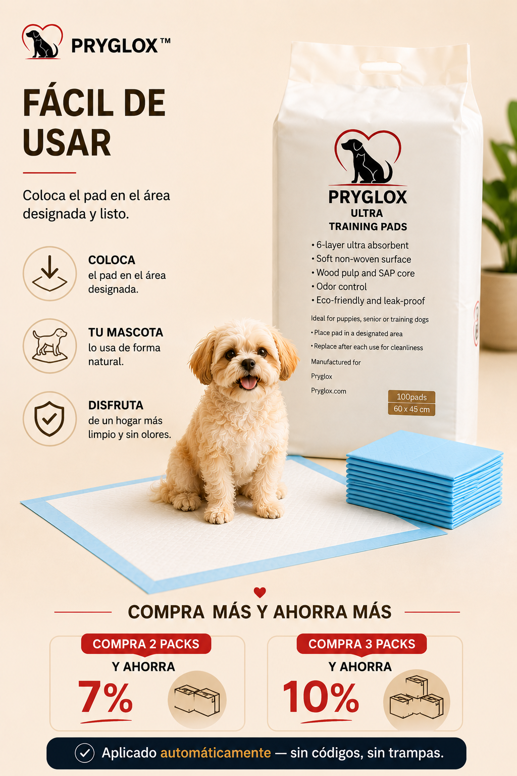 Pryglox dog training pads 100 pack made in USA Latino owned brand por Mia