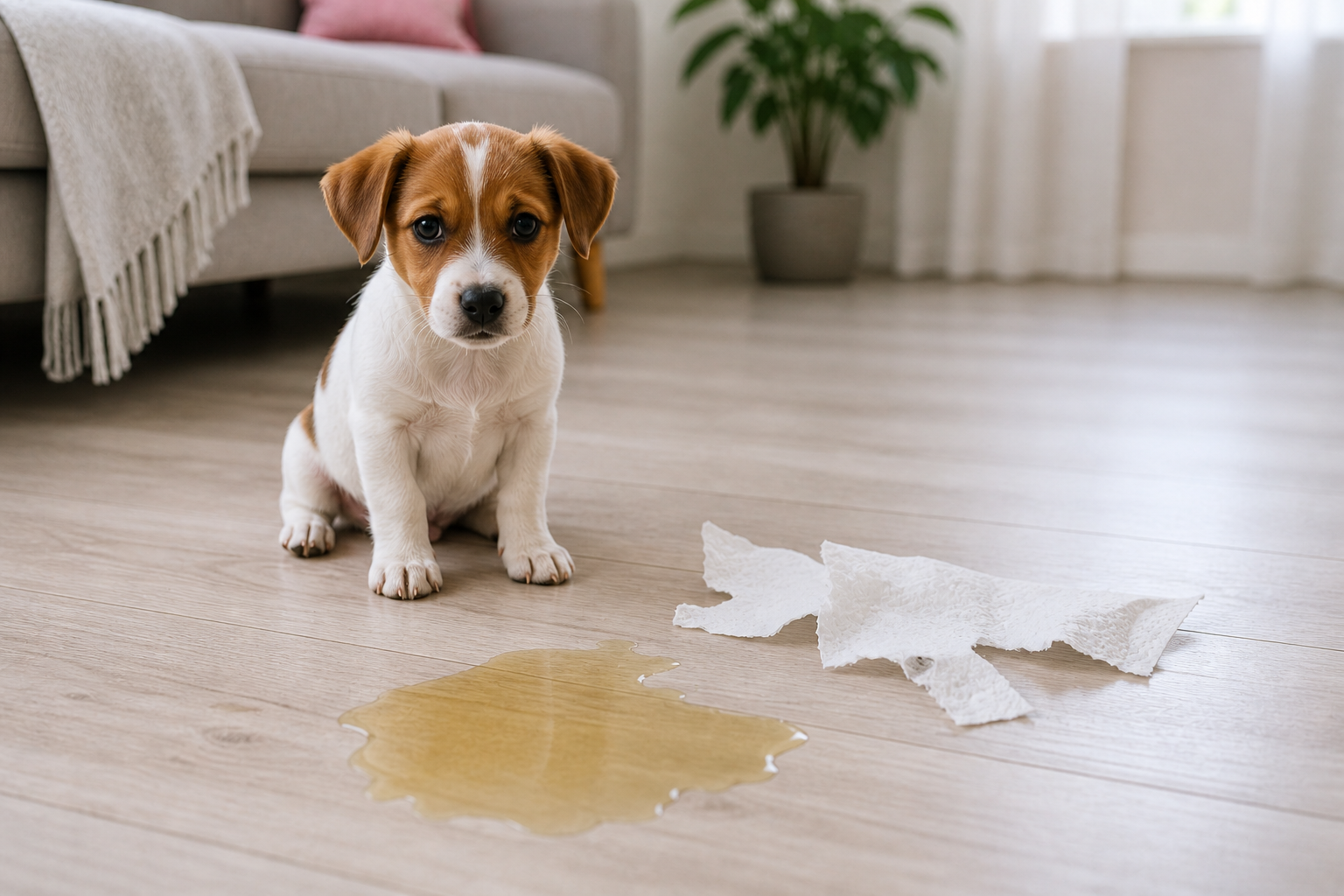 Cachorro sentado junto a un accidente en el piso, ilustrando el problema que resuelven los pads de entrenamiento Pryglox
